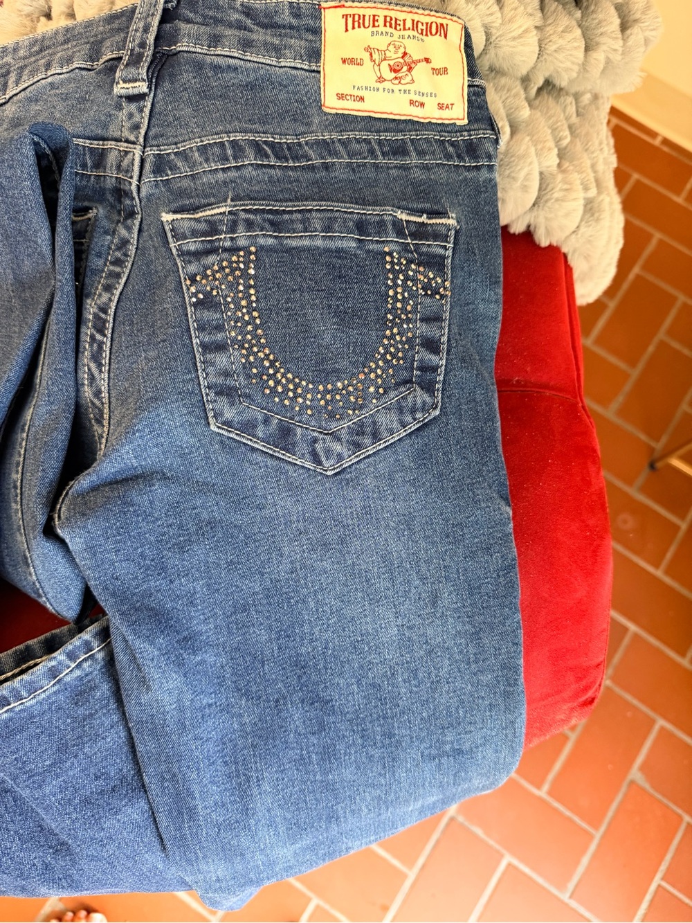 True Religion Women’s Blue Skinny Jeans with Studded Pocket